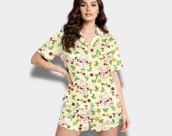 Cute Bunny Easter Spring Pajama Set, Yellow Retro Sleepwear, Easter Spring Gift, Gift For Her