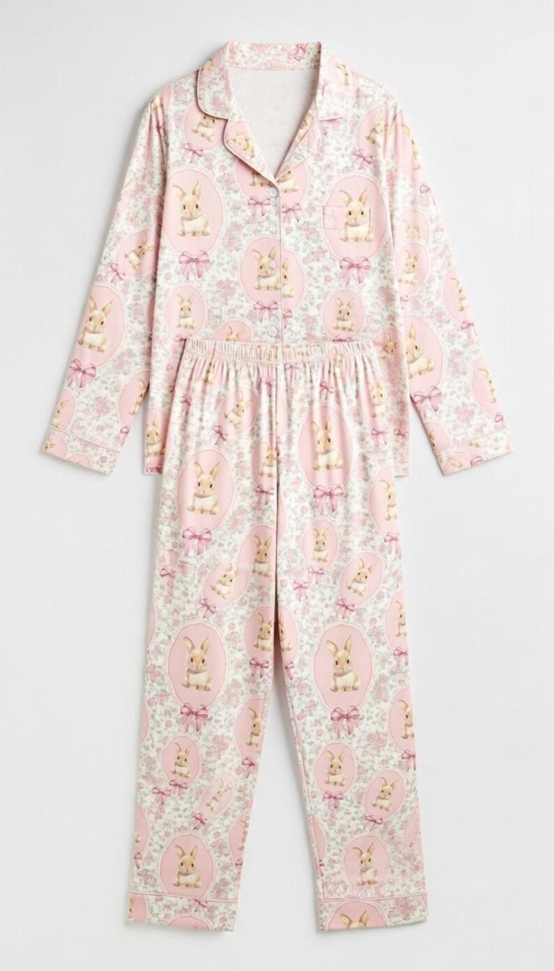 Puede incluir: Conjunto de pijama rosa con un estampado repetido de conejitos en marcos ovalados con lazos rosas y detalles florales. La parte superior de manga larga tiene una botonadura y un cuello con solapas. Los pantalones tienen cintura el&aacute;stica.