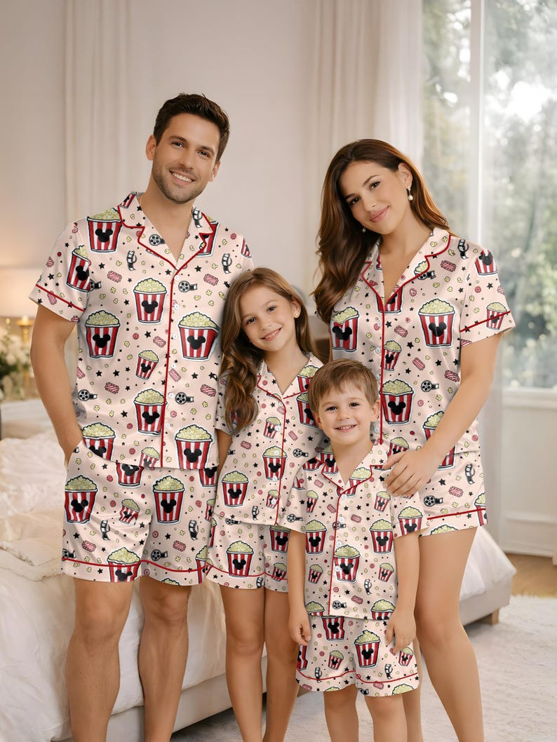 May include: Cream-coloured family pyjama sets featuring a pattern of popcorn buckets, film reels, and Mickey Mouse silhouettes. The pyjamas have red trim and are worn by a family of four. The sets include short-sleeved button-up shirts and shorts.