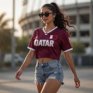 以下が含まれることがあります： 白いトリムと白いブロック文字で「QATAR」という文字が入った、マルーンのクロップトップジャージ。ジャージには小さな旗のエンブレムが付いています。デニムのショートパンツとサングラスをかけています。