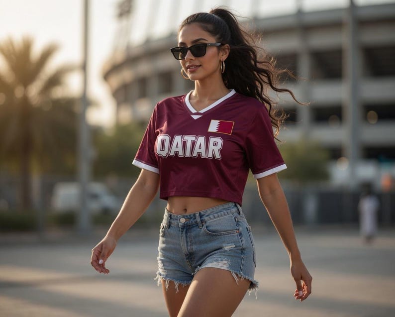 以下が含まれることがあります： 白いトリムと白いブロック文字で「QATAR」という文字が入った、マルーンのクロップトップジャージ。ジャージには小さな旗のエンブレムが付いています。デニムのショートパンツとサングラスをかけています。