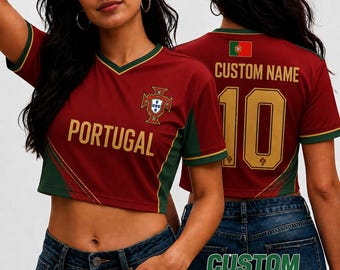 カスタムポルトガルサッカークロップトップジャージ、パーソナライズされたサッカージャージクロップTシャツ、独身最後のパーティー衣装、フェスティバルシャツ、サッカーファン