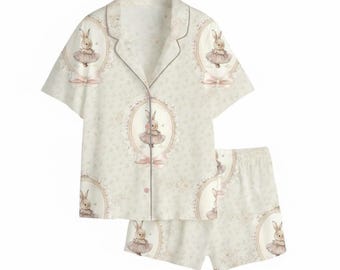 Bunny Easter Matching Pajama Set, Pink Retro Sleepwear, Easter Spring Gift