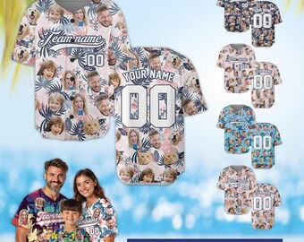 Camiseta de béisbol tropical personalizada con cara, camiseta personalizada con foto familiar y de mascota con nombre y número del equipo, regalo divertido para las vacaciones.