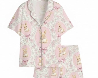Bunny Easter  Satin Pajama Set, Pink Retro Sleepwear, Easter Spring Gift