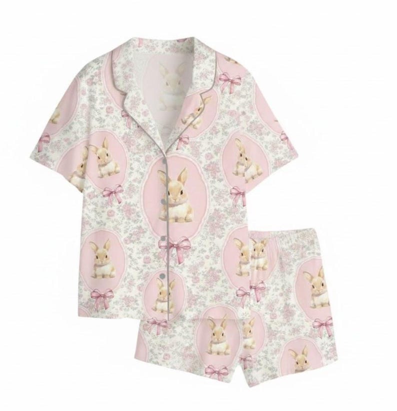 Puede incluir: Un conjunto de pijama de dos piezas con una camisa abotonada de manga corta y pantalones cortos a juego. El conjunto es blanco con un estampado floral rosa y medallones ovalados rosas con un conejito y lazos rosas. Hecho de tela ligera.