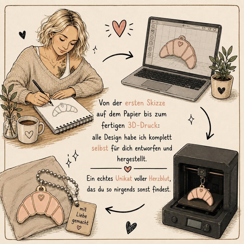 Eine vierteilige Bildgeschichte zeigt eine blonde Designerin mit Locken am Schreibtisch beim Zeichnen eines Croissant-Anhängers, die digitale Bearbeitung am Laptop, den anschliessenden 3D-Druck des Charms und das fertige Produkt an einer Kette.