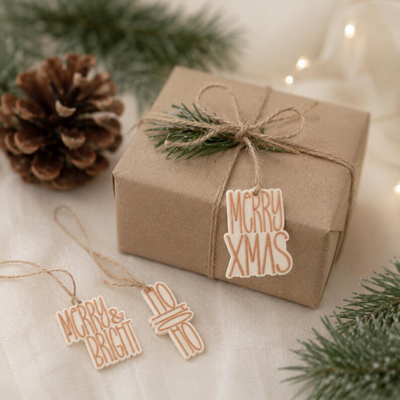 Merry Xmas Anhänger an einem natürlichen Weihnachtsgeschenk mit Tannenzweig, daneben zwei weitere Anhänger zum Weihnachtsgeschenke Verpacken.