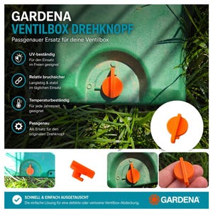 Könnte beinhalten: Eine grüne GARDENA Ventilbox mit einem orangefarbenen Ersatzknopf. Das Bild zeigt den Knopf in verschiedenen Ansichten, einschließlich einer Nahaufnahme. Der Text auf dem Bild lautet "UV-beständig", "Relativ bruchsicher" und "Temperaturbeständig".
