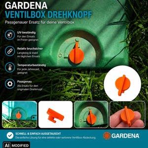 Könnte beinhalten: Ein leuchtend orangefarbener Ersatz-Drehknopf für eine Gardena Ventilbox. Der Knopf ist kreisförmig und besitzt einen zentralen vertikalen Steg zum Greifen. Er ist sowohl auf einem grünen Ventilboxdeckel als auch einzeln abgebildet.