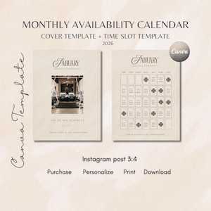 May include: A beige Canva template for a monthly availability calendar for 2026. The design includes a cover template with a photo and a time slot template. Text includes "January" and options to purchase, personalize, print, and download.