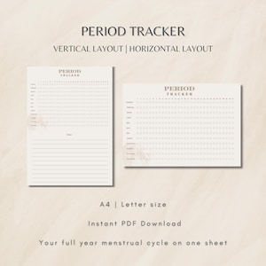 Puede incluir: Dos hojas de seguimiento del período, una vertical y otra horizontal, con el texto "PERIOD TRACKER" en la parte superior. El diseño vertical tiene espacio para notas. El diseño horizontal muestra meses y fechas. El texto "A4 | Letter size" está debajo.