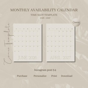 Op de afbeelding: Een maandelijkse beschikbaarheidskalender-sjabloon voor 2026 en 2027, met twee rasterindelingen voor juni 2026 en april 2027. Het ontwerp bevat de tekst "MONTHLY AVAILABILITY CALENDAR", "TIME SLOT TEMPLATE", "Instagram post 3:4" en "Canva".