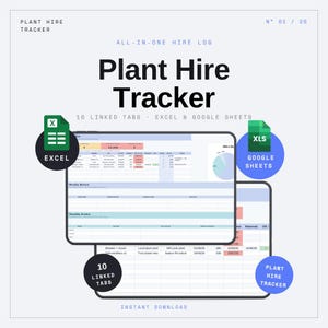 Peut inclure: Un modèle de feuille de calcul numérique Plant Hire Tracker avec 10 onglets liés pour Excel et Google Sheets. L'interface affiche des colonnes pour le fournisseur, le travail, les dates et les coûts, avec des icônes Excel et Google Sheets.