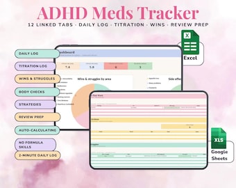 Feuille de calcul de suivi des médicaments contre le TDAH | Journal des titrations et des symptômes pour Excel