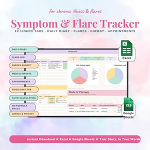 Puede incluir: Una hoja de cálculo digital para el seguimiento de síntomas y brotes, compatible con Excel y Google Sheets. La interfaz incluye un panel con gráficos circulares, registros de medicamentos y 12 pestañas vinculadas en tonos pastel.