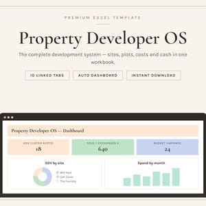 以下が含まれることがあります： Property Developer OSというタイトルのデジタルスプレッドシートテンプレート。サイトごとのGDVを示す円グラフや月間支出を示す棒グラフなどのデータ可視化ダッシュボードと、10個のリンクされたタブ、インスタントダウンロードのラベルが表示されています。