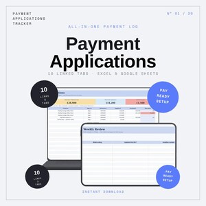 Puede incluir: Una plantilla digital de seguimiento de solicitudes de pago para Excel y Google Sheets. La interfaz muestra un registro de pagos con columnas para contrato, número de solicitud, fin de periodo y cantidades en libras esterlinas.
