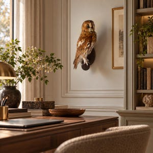 Peut inclure: Un hibou naturalisé monté sur une plaque en bois circulaire fixée au mur. Le hibou présente des plumes tachetées brunes et blanches, une tête arrondie et des yeux sombres, positionné verticalement contre une surface murale claire.