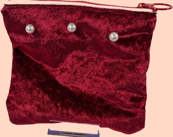 Personalized Red Velvet Pouch with Pearl Charm • Elegant Makeup Bag, Clutch