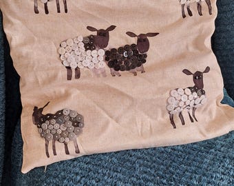 Handmade Button Embroidered Sheep Cushion Cover, Decorative Throw Pillow Cover, Farmhouse Cottage Home Decor