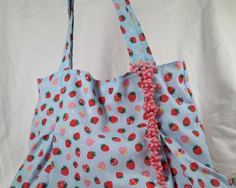 Handmade Strawberry Cotton Tote Bag • Blue Fruit Print Shoulder Bag with Hidden Pocket