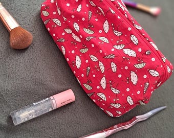 Handmade Recycled Fabric Makeup Bag: Red Umbrella Print Toiletry Pouch