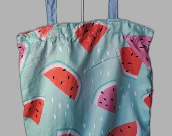Foldable Watermelon Tote Bag • Upcycled Cotton Shopper from Vintage Bedding • Compact Zero Waste Bag