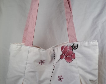 Recycled Curtain Tote Bag • Floral Embroidery, Hidden Pocket, Magnetic Closure