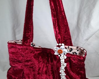 Luxury Red Velvet Shoulder Bag with Magnetic Closure • Elegant Handmade Tote with Pearl Detail