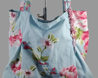 Floral Cotton Shoulder Bag • Light Blue Romantic Rose Tote with Magnetic Closure
