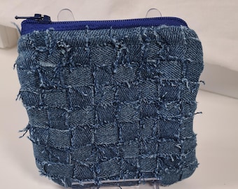 Upcycled Denim Cherry Pouch • Y2K Embroidered Coin Purse, Small Blue Jean Bag