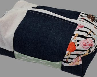 Handmade Patchwork Cosmetic Bag • Unique Upcycled Denim Toiletry Pouch • Eco-Friendly Makeup Organizer