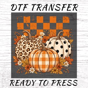 Transfert thermocollant léopard citrouille, motif à carreaux automne, transfert thermocollant prêt à presser pour t-shirt « Champ de citrouilles d'automne »