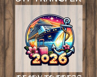 Family Cruise 2026 DTF Transfer: Neon Cruise Ship Heat Press Design, Direct to Film