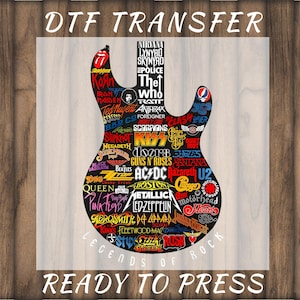 May include: A DTF transfer featuring a black guitar silhouette filled with various rock band logos and names, including Metallica, AC/DC, and Queen. The text DTF TRANSFER and READY TO PRESS appears at the top and bottom of the design.