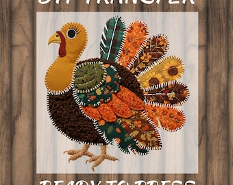 May include: A colorful turkey DTF transfer with the text "DTF TRANSFER" at the top and "READY TO PRESS" at the bottom. The turkey has a yellow head, brown body, and a vibrant tail with various patterns and colors, including orange, green, and sunflowers.