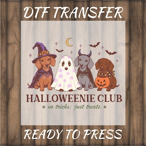 May include: A DTF transfer featuring four dachshunds in Halloween costumes: a wizard, a ghost with stars, a devil, and a pumpkin carrier. The text reads HALLOWEENIE CLUB and no tricks, just treats, with bats and a crescent moon above the dogs.