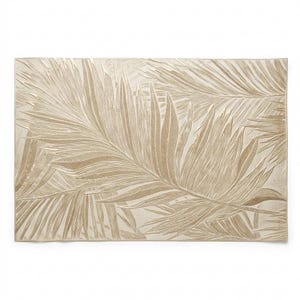 May include: A rectangular beige rug with a repeating pattern of stylized palm leaves in a lighter beige color. The leaves are detailed with textured lines, creating a sense of depth and dimension. The rug has a neutral, natural aesthetic.