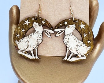 Custom Painted Rabbit Moon Earrings - Nature Lover - Wood Earrings - Moon and Stars - Hare - Bunny