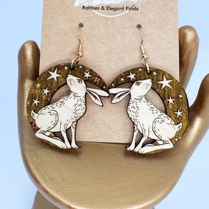 Rabbit Moon Earrings - Nature Lover - Wood Earrings - Moon and Stars - Hare - Bunny