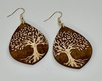 Natural Woodland Tree Earrings - Engraved Wood Art - Nickel Free - Jewelry - Tree of Life