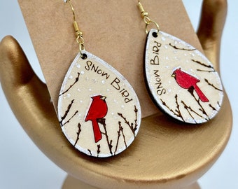 Cardinal Snow Bird Earrings - Hand Painted Wood Earrings - Winter Bird - Red Bird