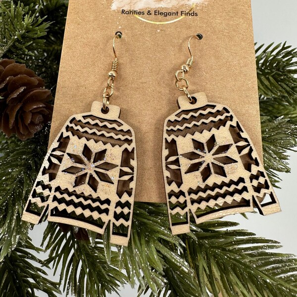 Sweater Earrings - Winter Snowflake - Wood - Boho - Unique Statement Jewelry - Cute Ugly Sweater