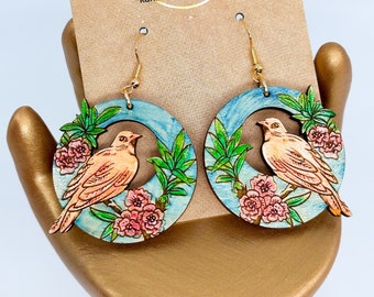 Birds and Blooms Earrings - Beautifully Hand Painted - Wood Art - Nickel Free - Elegant Romantic Jewelry - Boho Bird and Flowers
