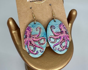 Octopus Earrings - Nature Lover - Under the Sea - Ocean - Beach Sparkle - Wood Earrings