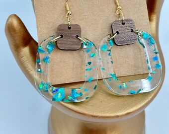 Style and Statement Earrings - Acrylic and Wood - Dangle Earrings - Turquoise and Clear Embedded Acrylic