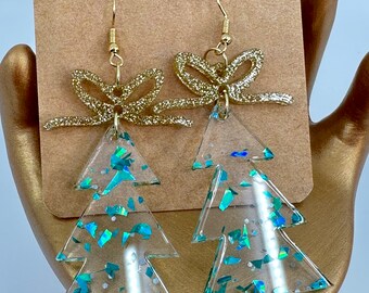 Christmas Tree Earrings with Bow  - Acrylic - Turquoise Foil in Clear Acrylic -  Shimmer and Shine - Big