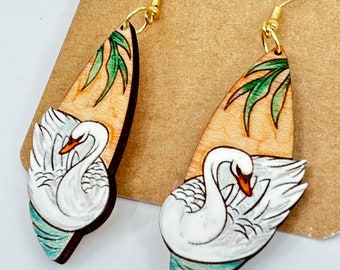 Swan Earrings - Swan Lake - Hand Painted - Wood Art - Nickel Free - Elegant Romantic Jewelry - Boho Bird - White bird - Wedding