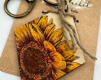 Sunflower Keychain Personalized - Hand Painted - Wood Art - Nickel Free - Inique gift - Handmade art - Name engraved